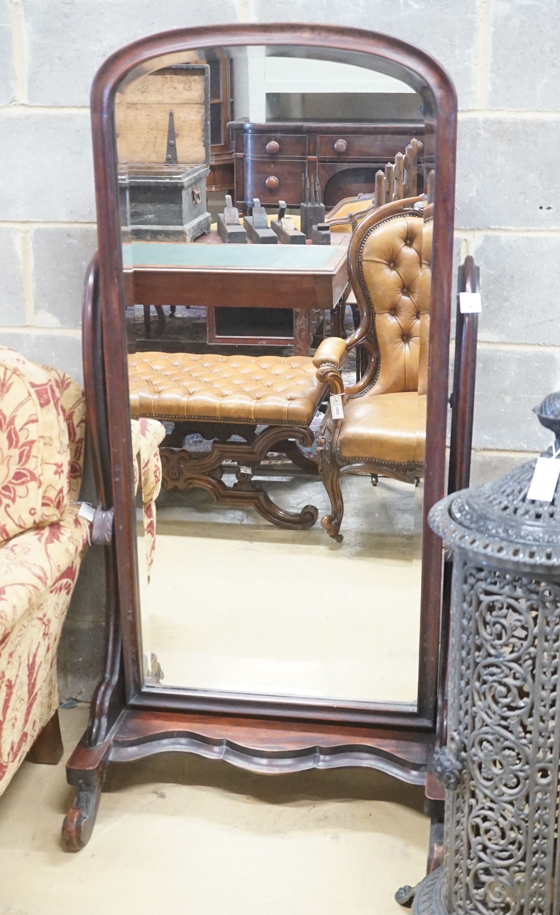 A Victorian mahogany cheval mirror, width 74cm height 153cm